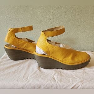 FLY London Yala Ankle strap Wedge, yellow, size 37, size 6.5